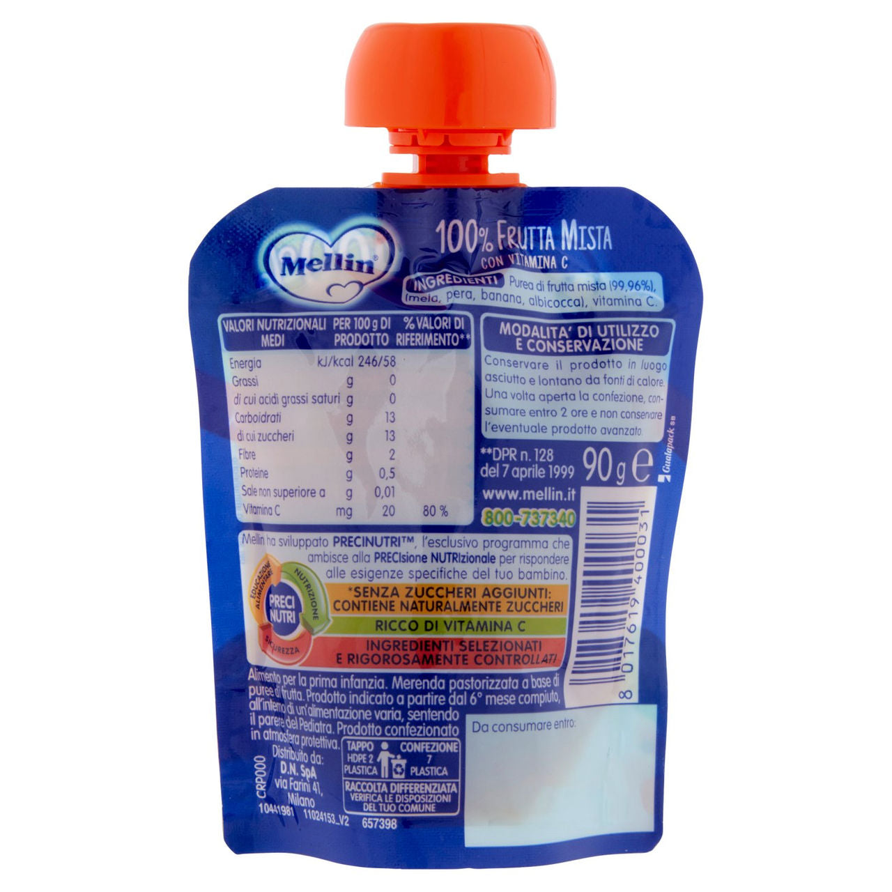 MELLIN Merenda di Frutta 100% Frutta Mista con Mela, Pera, Banana, Albicocca Pouch 90 g