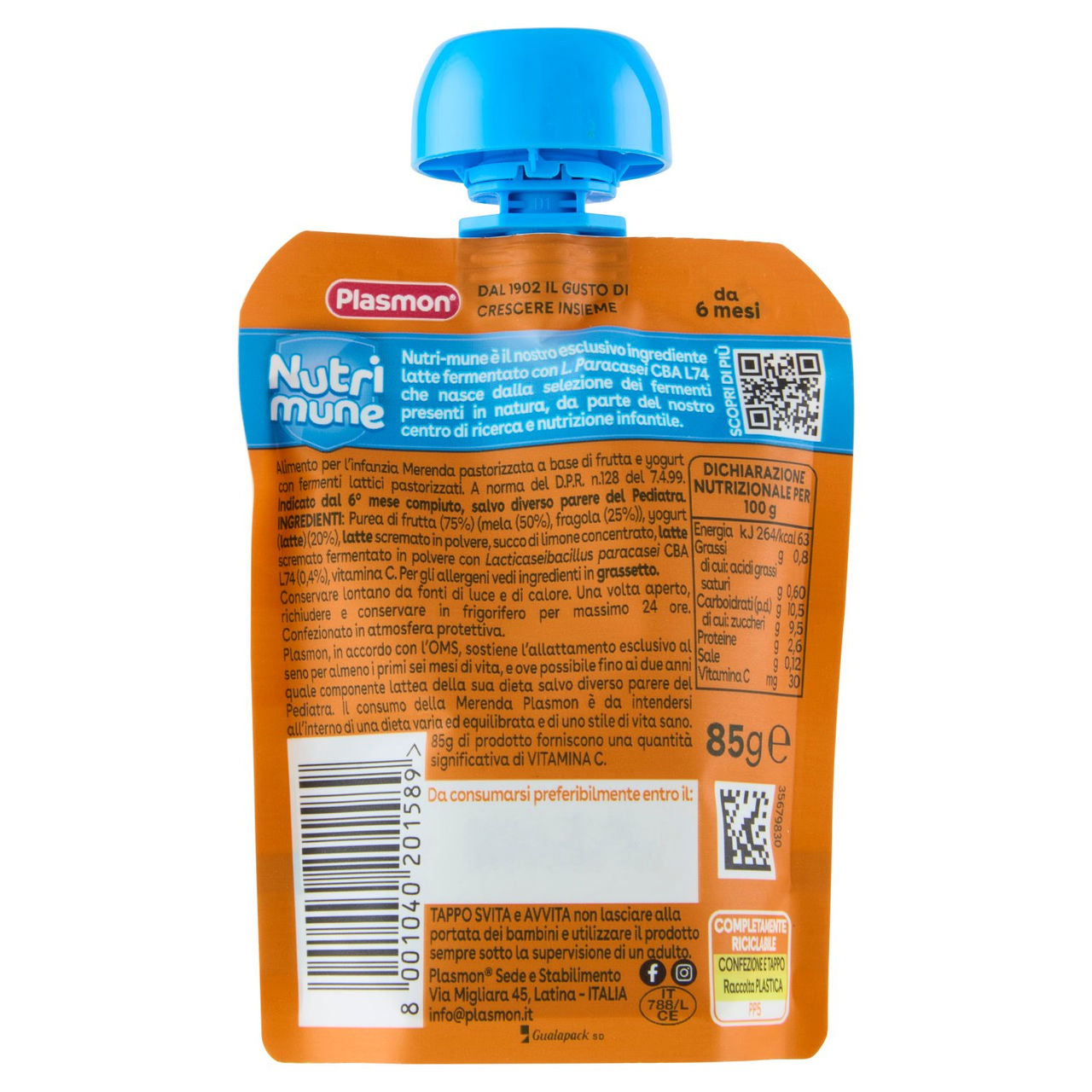 Plasmon il Frullato Nutri mune Fragola e Yogurt con Mela 85 g
