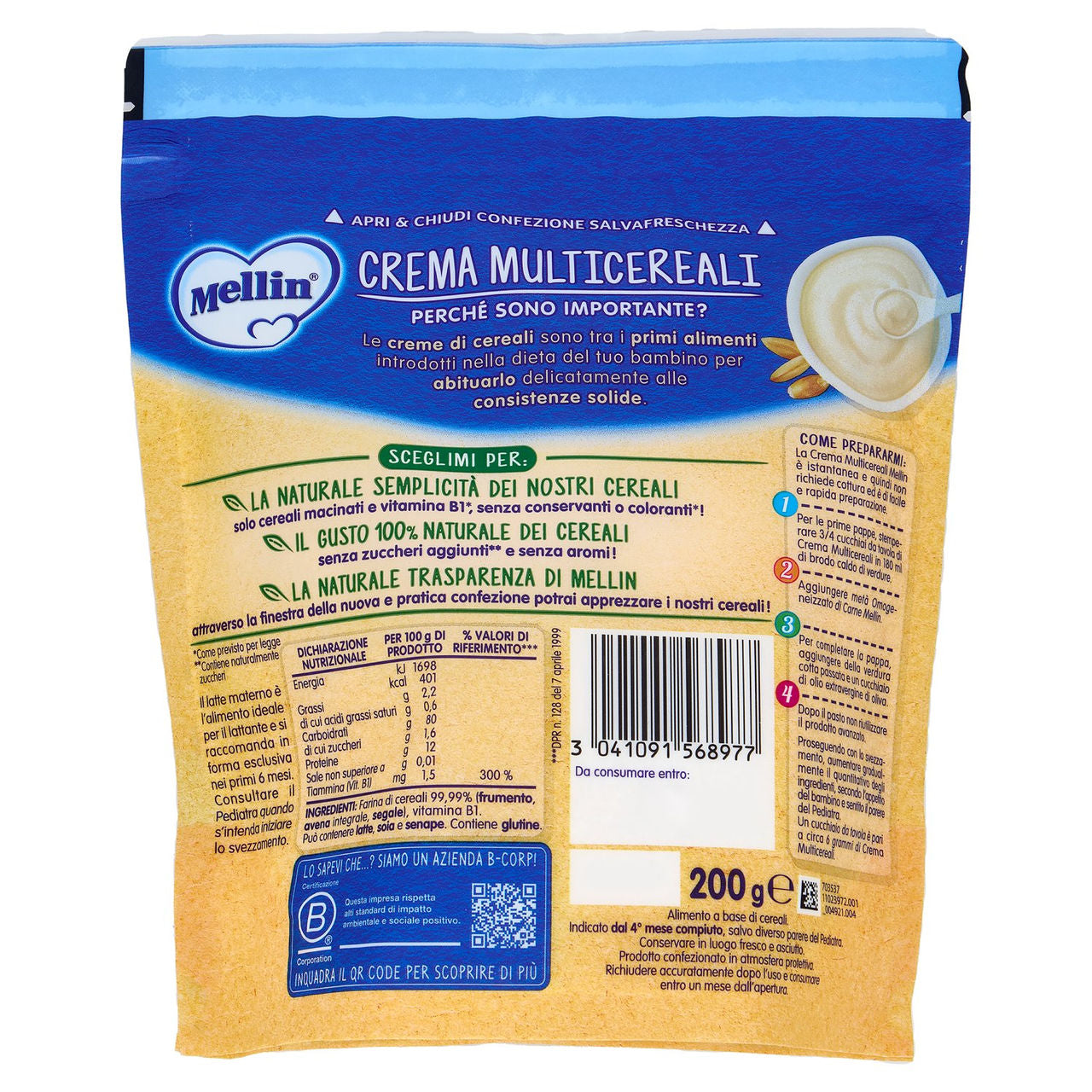 MELLIN Crema Multicereali, Confezione Apri&Chiudi, dall'inizio dello Svezzamento, 200g