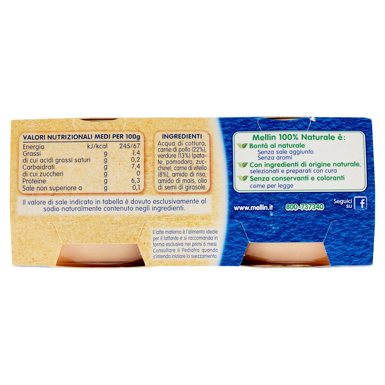 Mellin Pollo Vitello e Verdure 100% Naturale Omogeneizzato 2 x 80 g