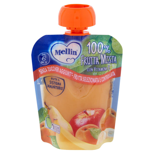MELLIN Merenda di Frutta 100% Frutta Mista con Mela, Pera, Banana, Albicocca Pouch 90 g