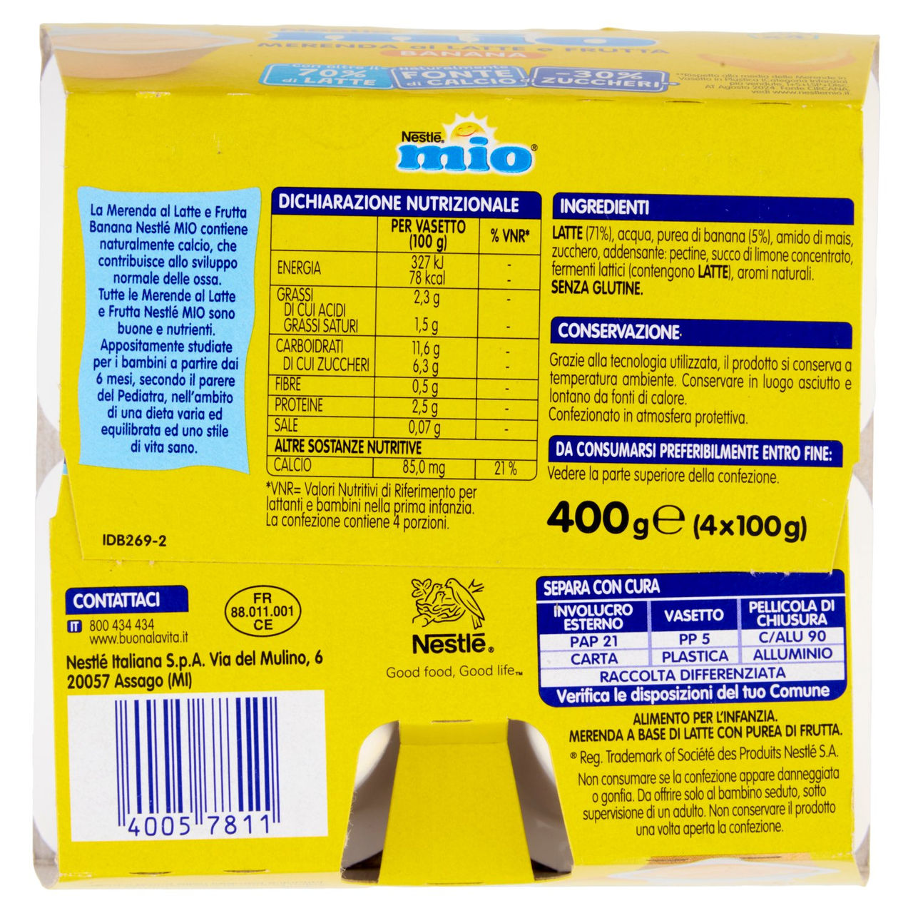 NESTLÉ MIO Merenda al Latte e Frutta Banana 4 vasetti da 100g