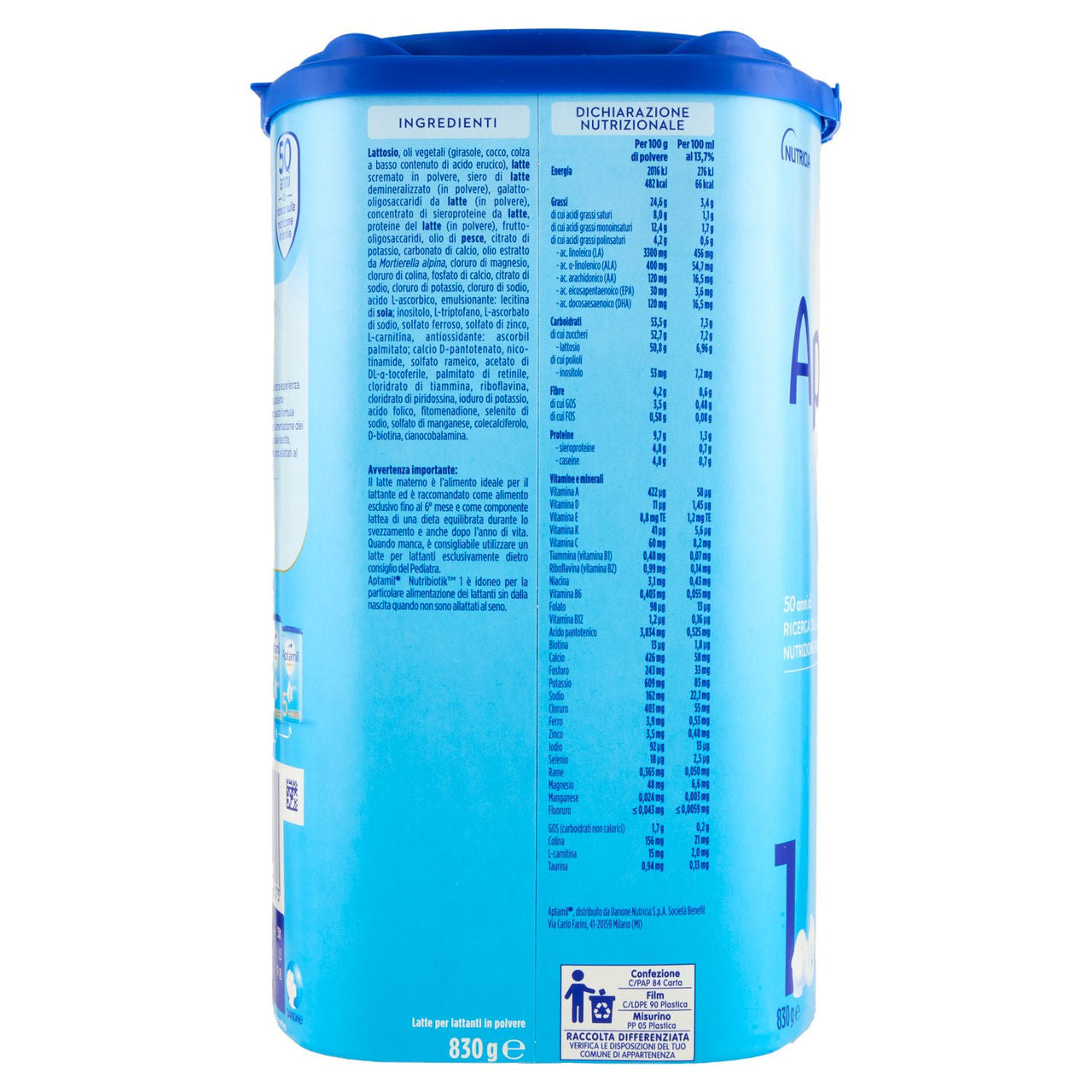 APTAMIL Nutribiotik 1 - Latte per Lattanti in Polvere, dalla nascita al 6° mese, 830g